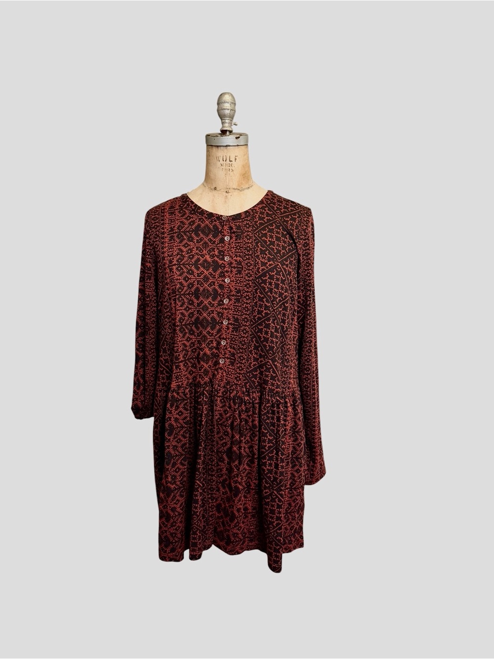 Peruvian Connection Tangier Fretwork Burgundy Long-Sleeve Tunic Dress M Boho EUC - Picture 2 of 8